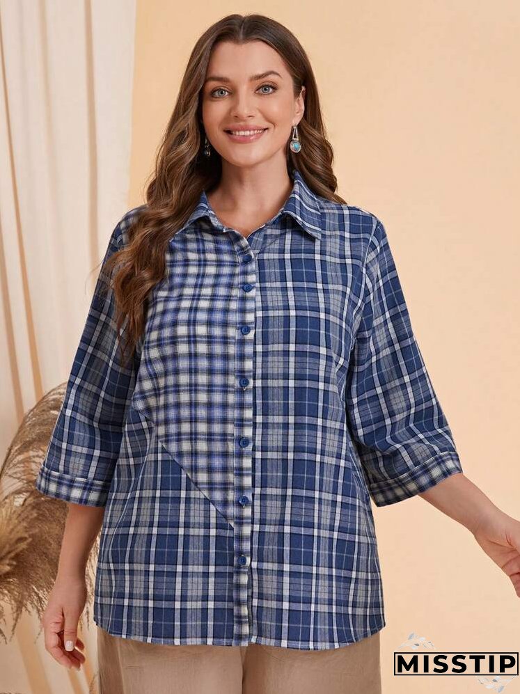 Plus Plaid Print Button Front Shirt