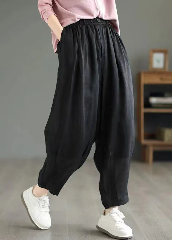 Black Casual Pockets Linen Pants Elastic Waist Summer