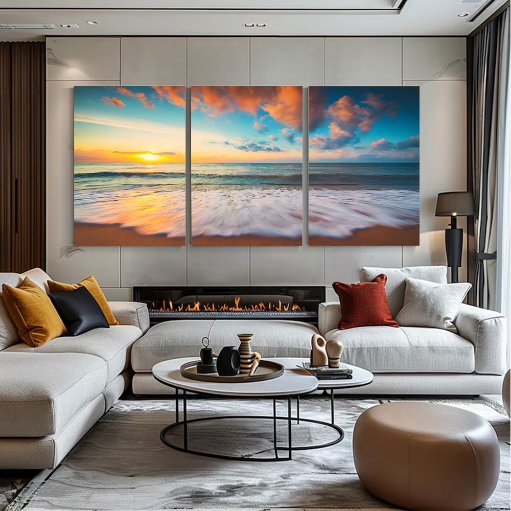 3-Piece Set Sunrise Wave Wash On Sand Canvas Art