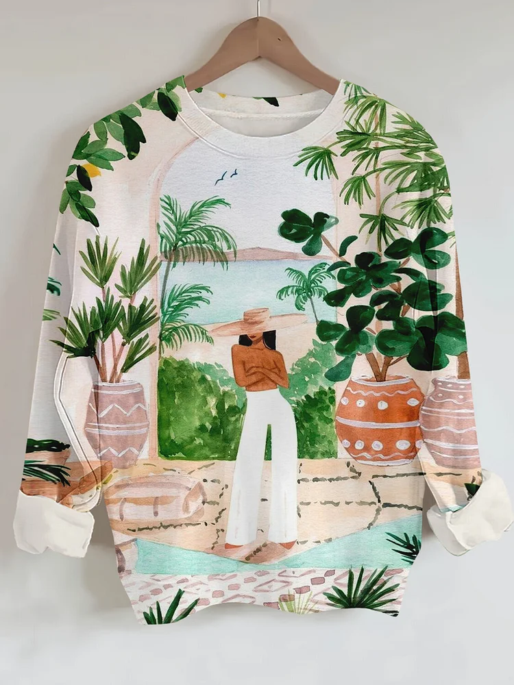 Women's Vacation Style Black Girl Art Print Casual Sweatshirt