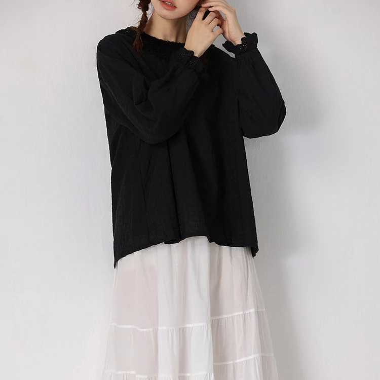 Loose Solid Color Long Sleeve Embroidered Lace Collar Shirt