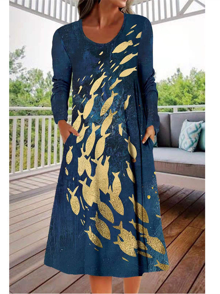 Women Long Sleeve Scoop Neck Animal Print Graphic Dress