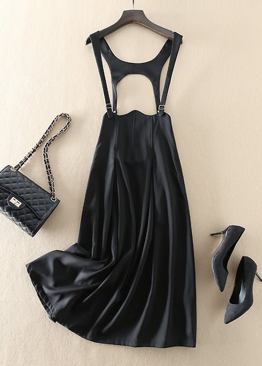 Natural Black Zip Up Pockets Silk Dress Sleeveless CK2625- Fabulory