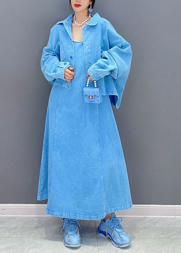 VCSHOES Blue Peter Pan Collar Patchwork Coat And Dress Denim Two Pieces Set Spring