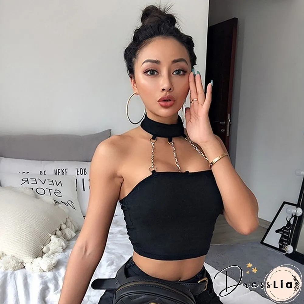 Summer Women Halter Neck Chain Backless Strapless Crop Vest Tube Top