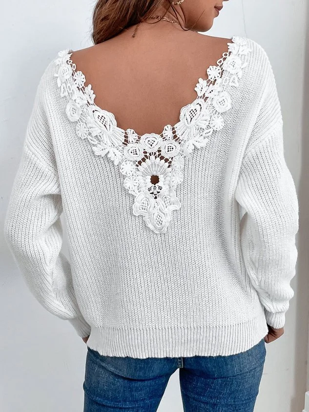 Casual V Neck Loose Lace Sweater
