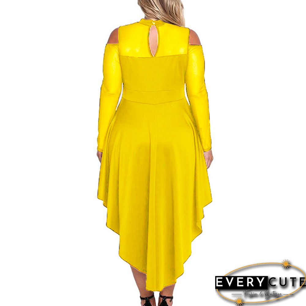 Yellow Sheer Mesh Trim Hi Lo Peplum Bodycon Dress