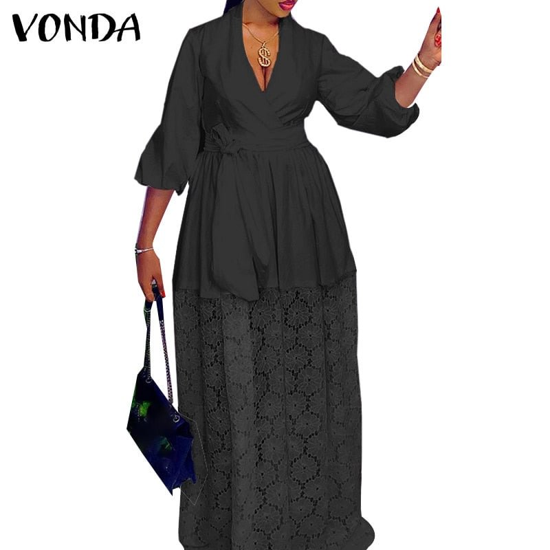 Elegant Lace Patchwork Dress 2022 VONDA Women Sexy Deep V Neck Party Maxi Dress Office OL Lady Belted Party Vestidos Bobe Longue