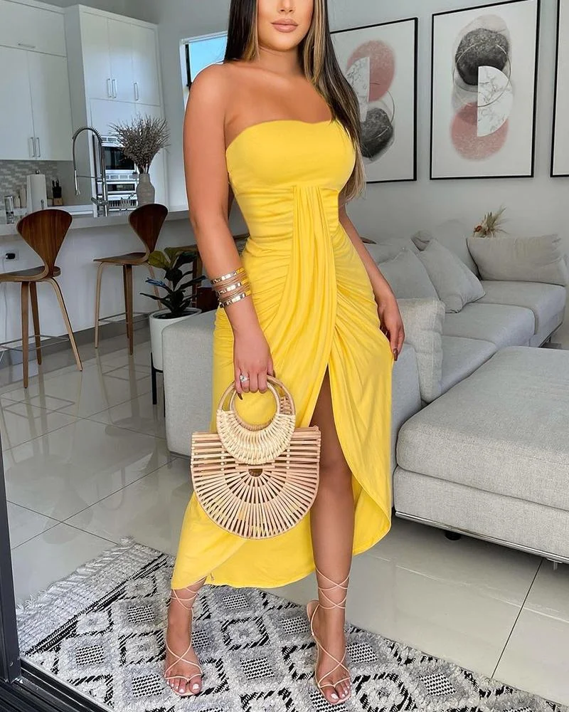Off Shoulder Ruched Slit Casual Tube Dress