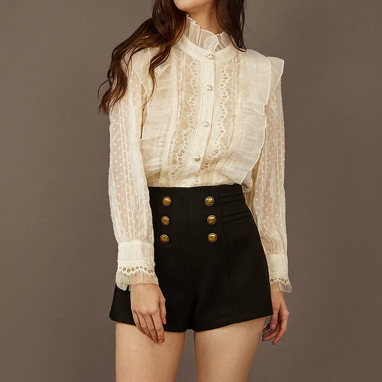 White Lace Trim Faux Pearl Button Blouse QueenFunky