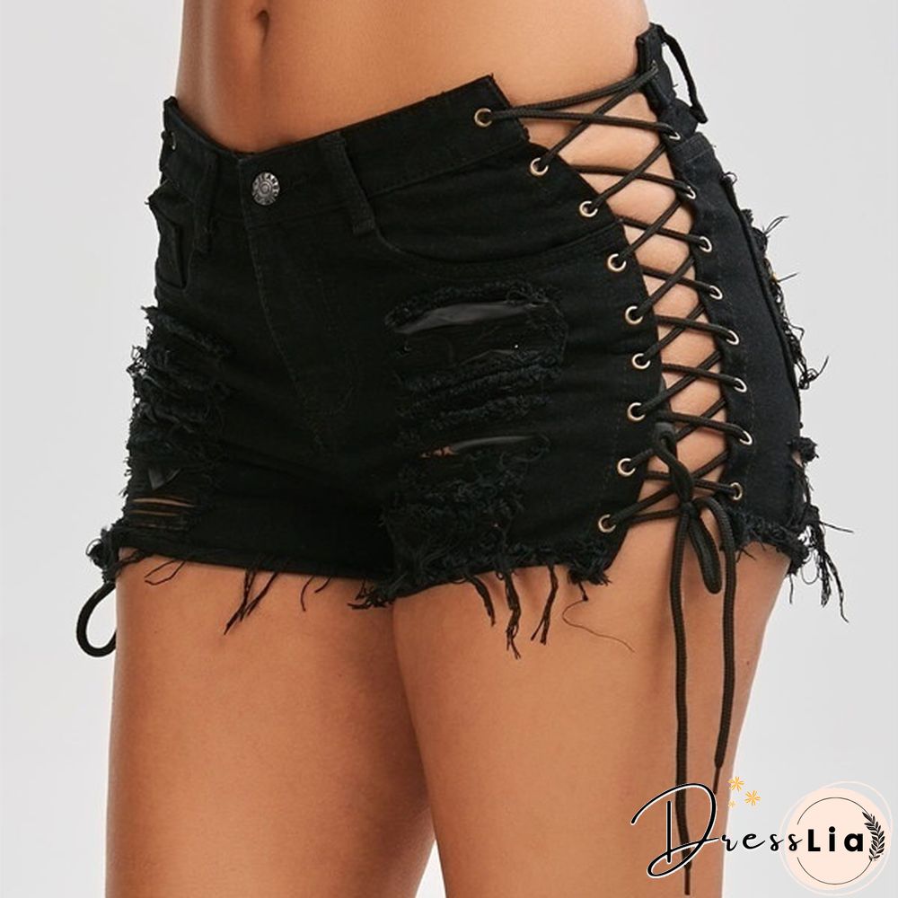 Sexy Summer Women Denim Shorts Blue High Waist Ripped Short Jeans Femme Tassel Lace Up Bandage Shorts