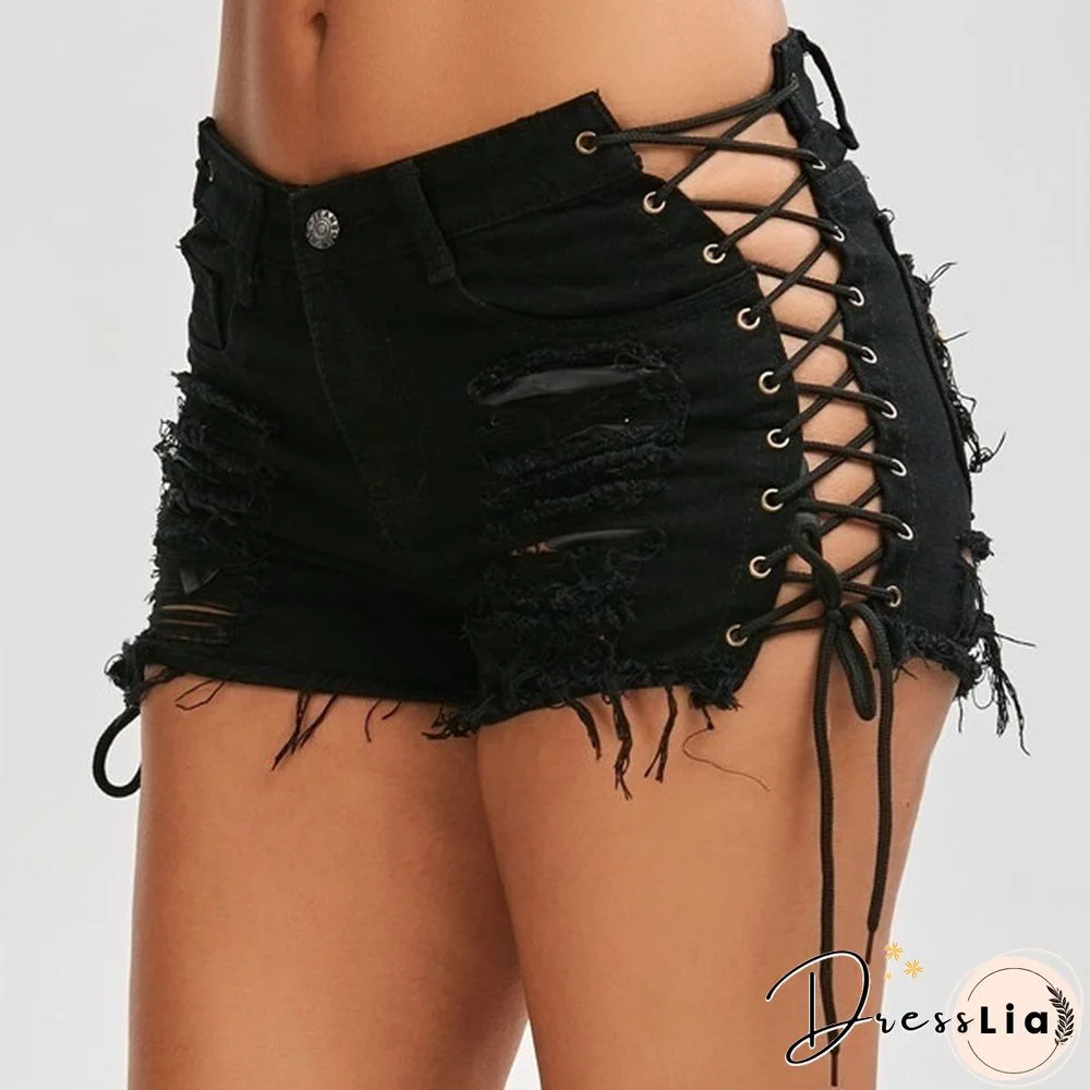 Sexy Summer Women Denim Shorts Blue High Waist Ripped Short Jeans Femme Tassel Lace Up Bandage Shorts