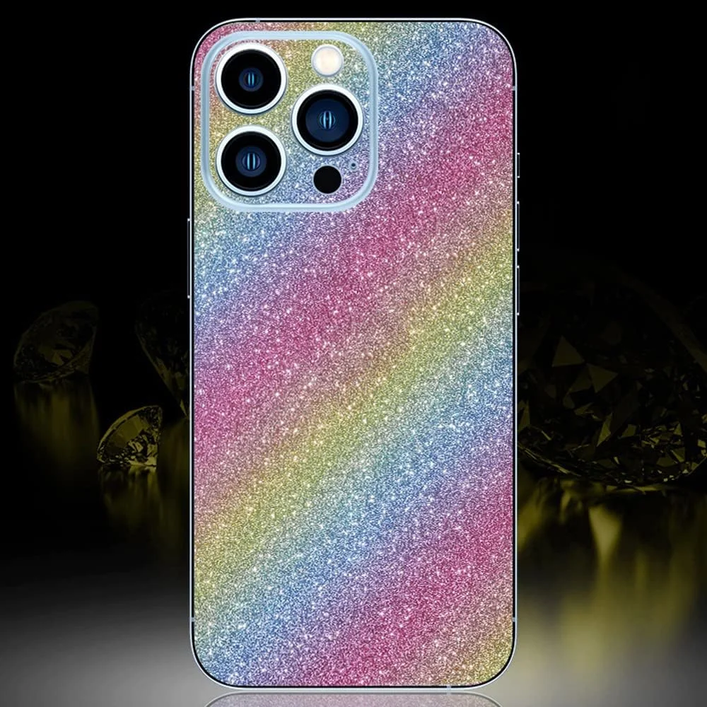 Compatible with iPhone 13 Pro Max Bling Glitter Sticker Skin Wraps Shiny Sparkle Cute for Women Girls Girly Luxury Sticker 2 Pack Rainbow