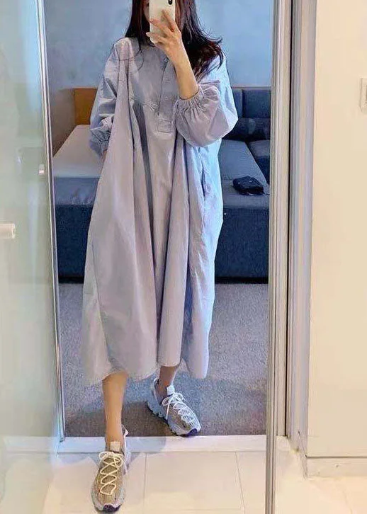 Plus Size Unique Blue Button Loose Dresses Spring