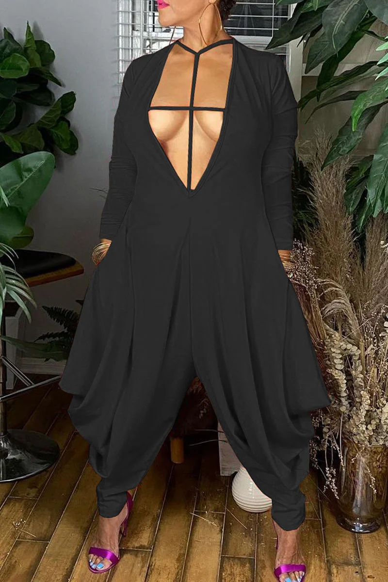 Sexy Casual Solid Hollowed Out V Neck Regular Jumpsuits