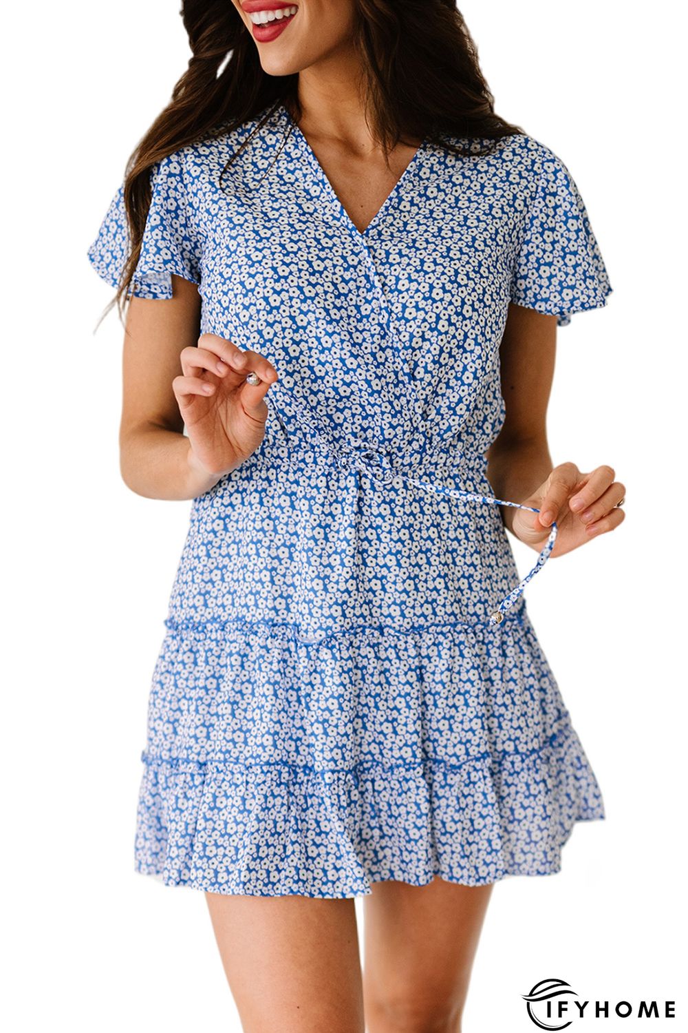 Blue V Neck Short Sleeve Layered Ruffled Floral Dress | IFYHOME