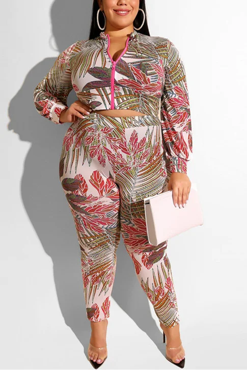Red Sexy adult Fashion Casual O Neck Two Piece Suits Zippered Print | EGEMISS