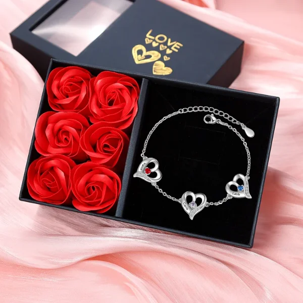 3 Names - Personalized Heart Bracelet Gift Set With Gift Box Custom Name & Birthstone Bracelet Gift For Her