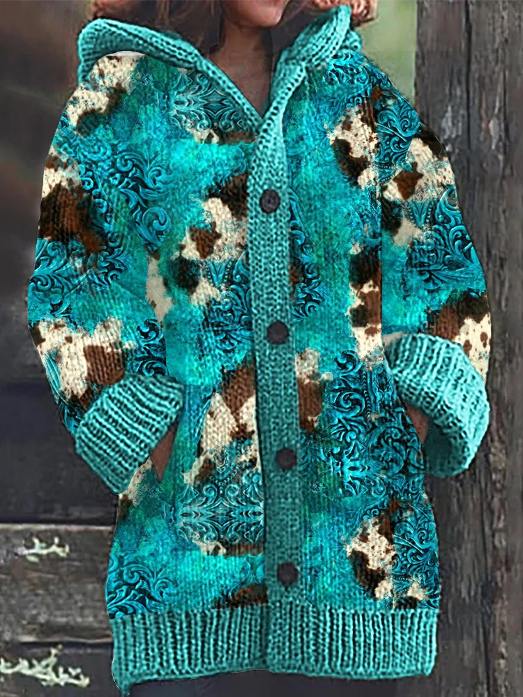 VChics Western Pattern Casual Cozy Knit Hooded Cardigan