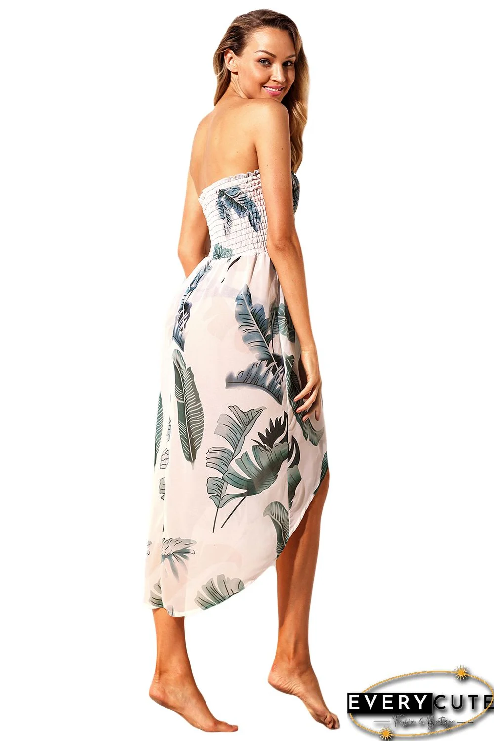 Tropical Leaf Print White Convertible Beach Dress