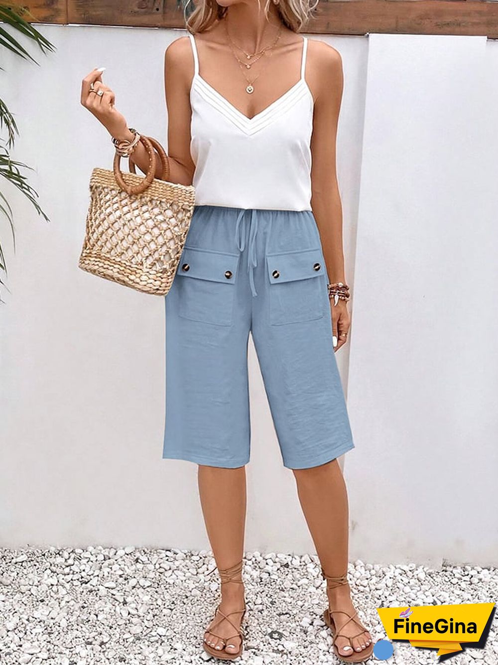 Solid Color Double Pocket Lace Loose Casual Cropped Pants