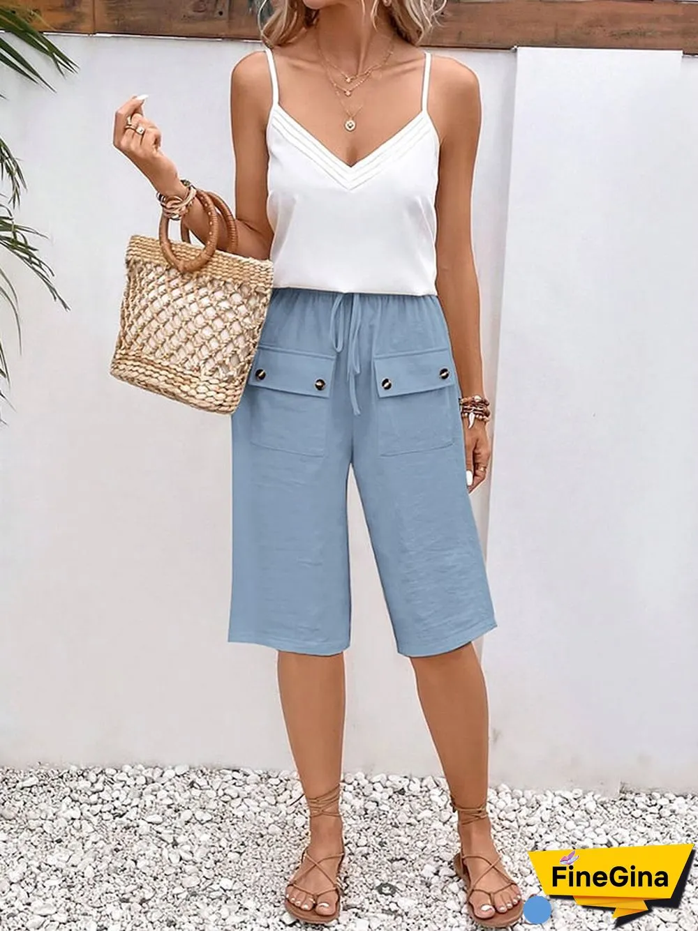 Solid Color Double Pocket Lace Loose Casual Cropped Pants