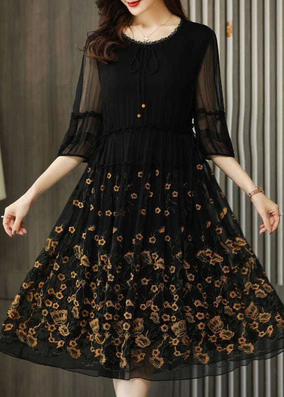 Modern Black Embroideried Chiffon Cinched Dress Summer