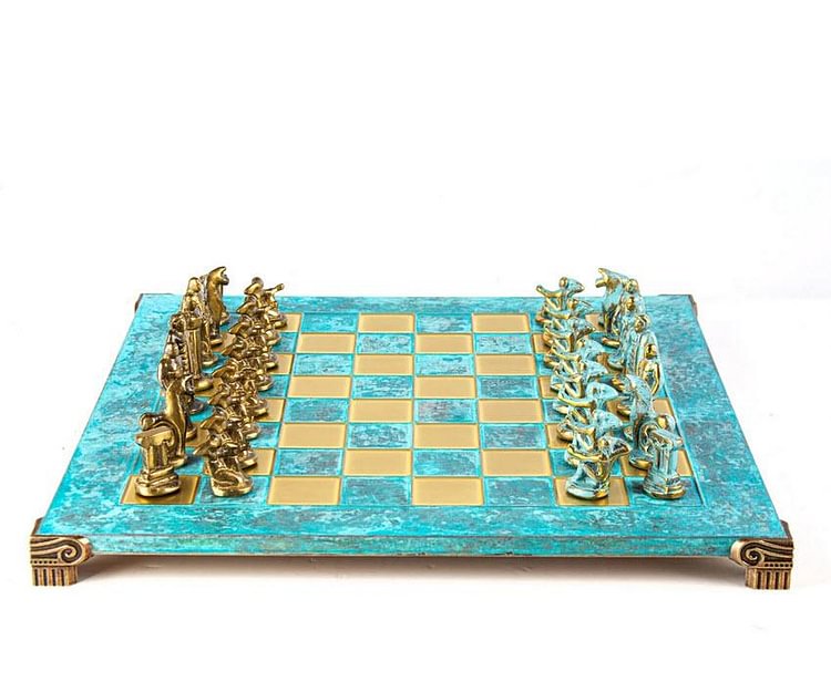 Archaic Period Solid Brass Chess Set in Turquoise - 17"