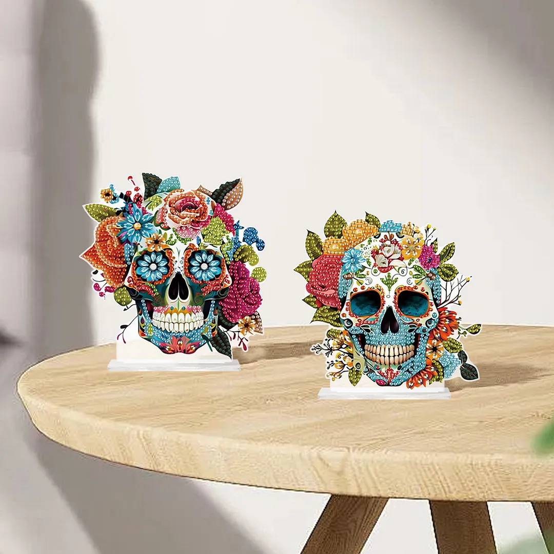 2Pcs DIY Diamond Art Tabletop Ornaments Reusable Special Gem Rhinestone Mosaic Craft Multi-Purpose Diamonds Art Suncatchers Flowers Gift for Craft Lovers (Flowers Skulls)