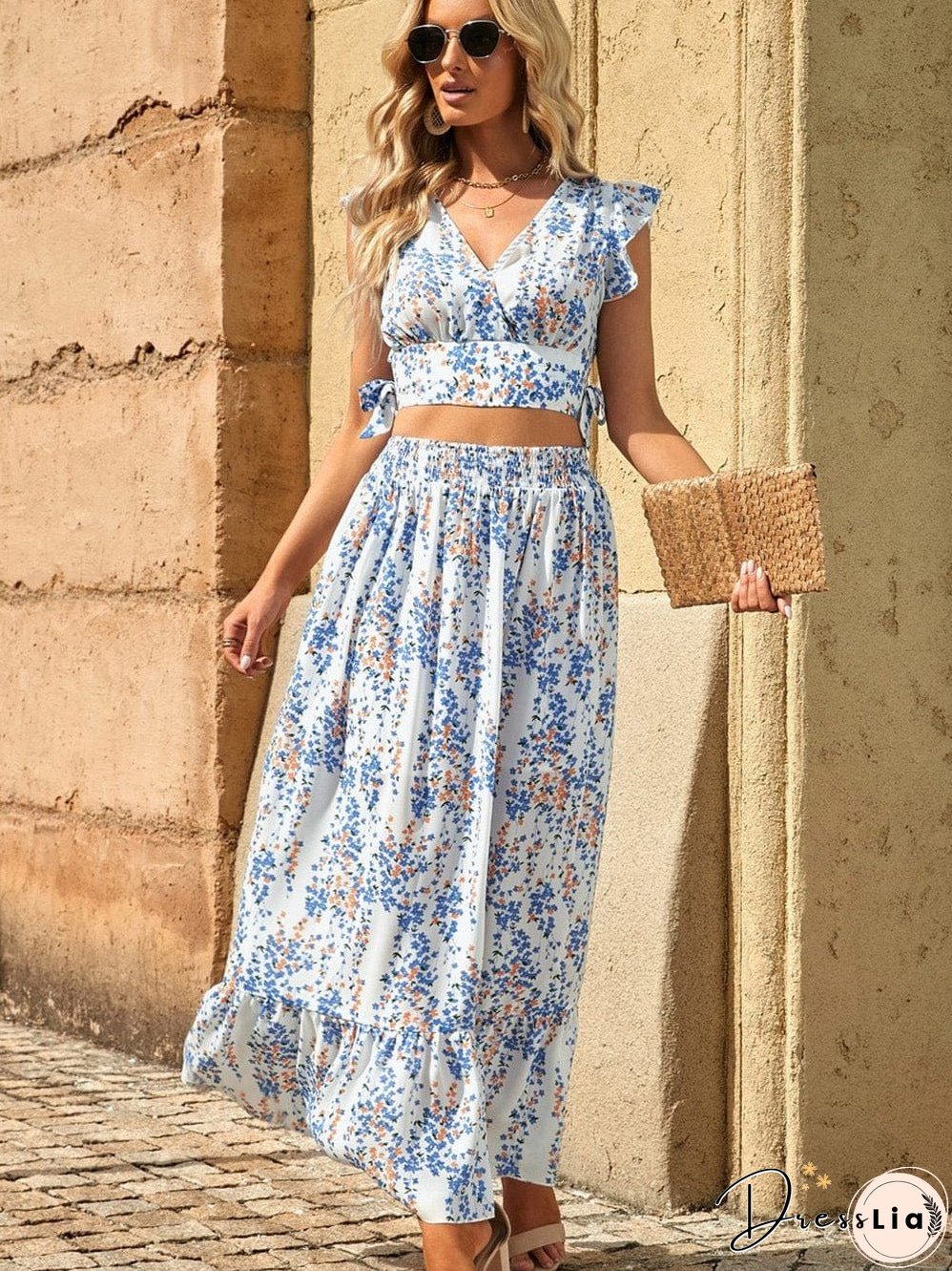 Floral White Bohemian Chic Two Piece Maxi Dress Set