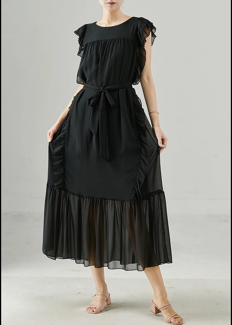 DIY Black Ruffled Tie Waist Chiffon Robe Dresses Summer