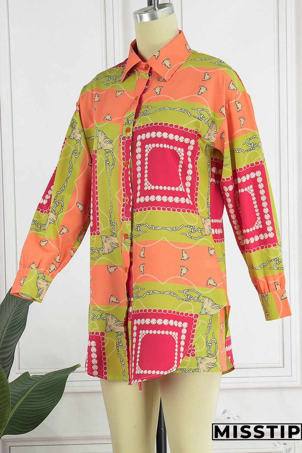 Yellow Casual Print Patchwork Buckle Turndown Collar Long Sleeve Two Pieces
