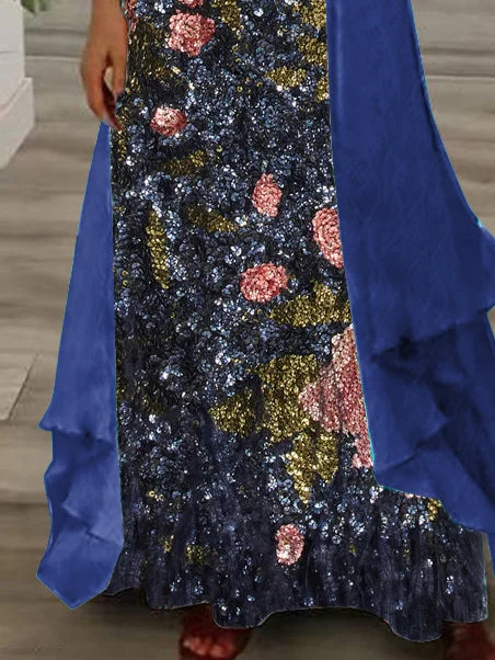 Women's Long Sleeve V-neck Floral Printed Two Pieces Maxi Dress