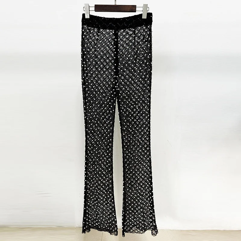 Nigikala Nigikala Spring And Summer New Hollow Nail Bead Three-Dimensional Flower Suit Pearl Brighten Mesh Trousers Set