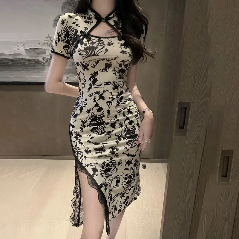 Jangj Style Cheongsam Disc Button X-shaped Dress Summer Fashion Vintage Lace Dress Sexy Elegant Dress for Female Floral Dress