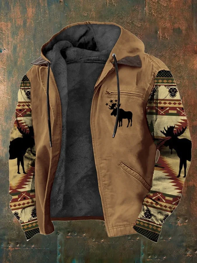 Men's Vintage Plush Western Elk Print Zipper Jacket