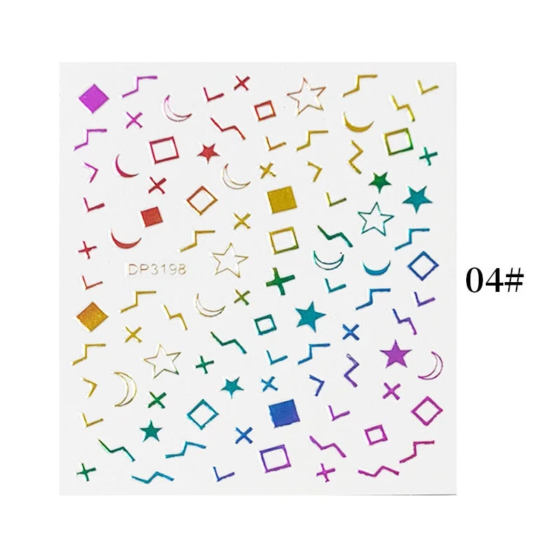 English Letter Design 3D Nail Stickers Iridescent Geometrics Gold Stars Moon Transfer Nail Art Sliders Decoration Accessories-Nail Inspo
