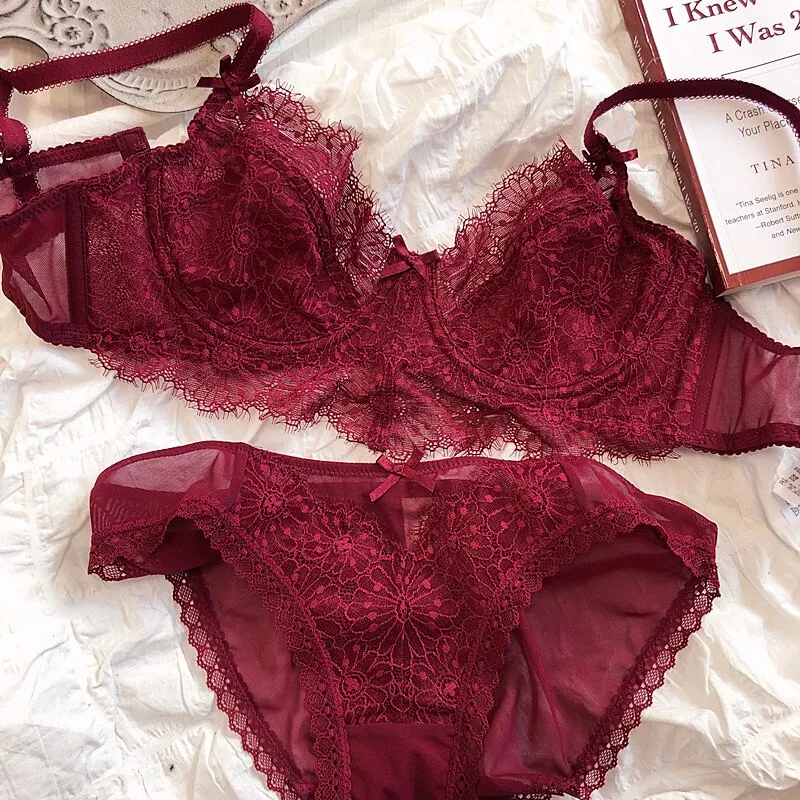 Wriufred Sexy ultra-thin lace bralette memory steel ring romantic daisy eyelashes lingerie set gathered underwear set bras