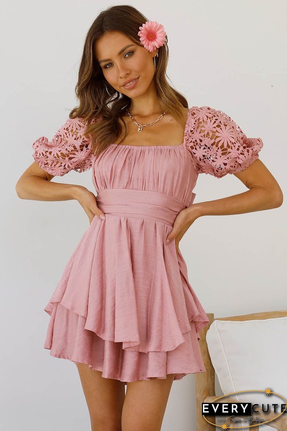 Pink Lace Sleeve Smocked High Waist Mini Dress