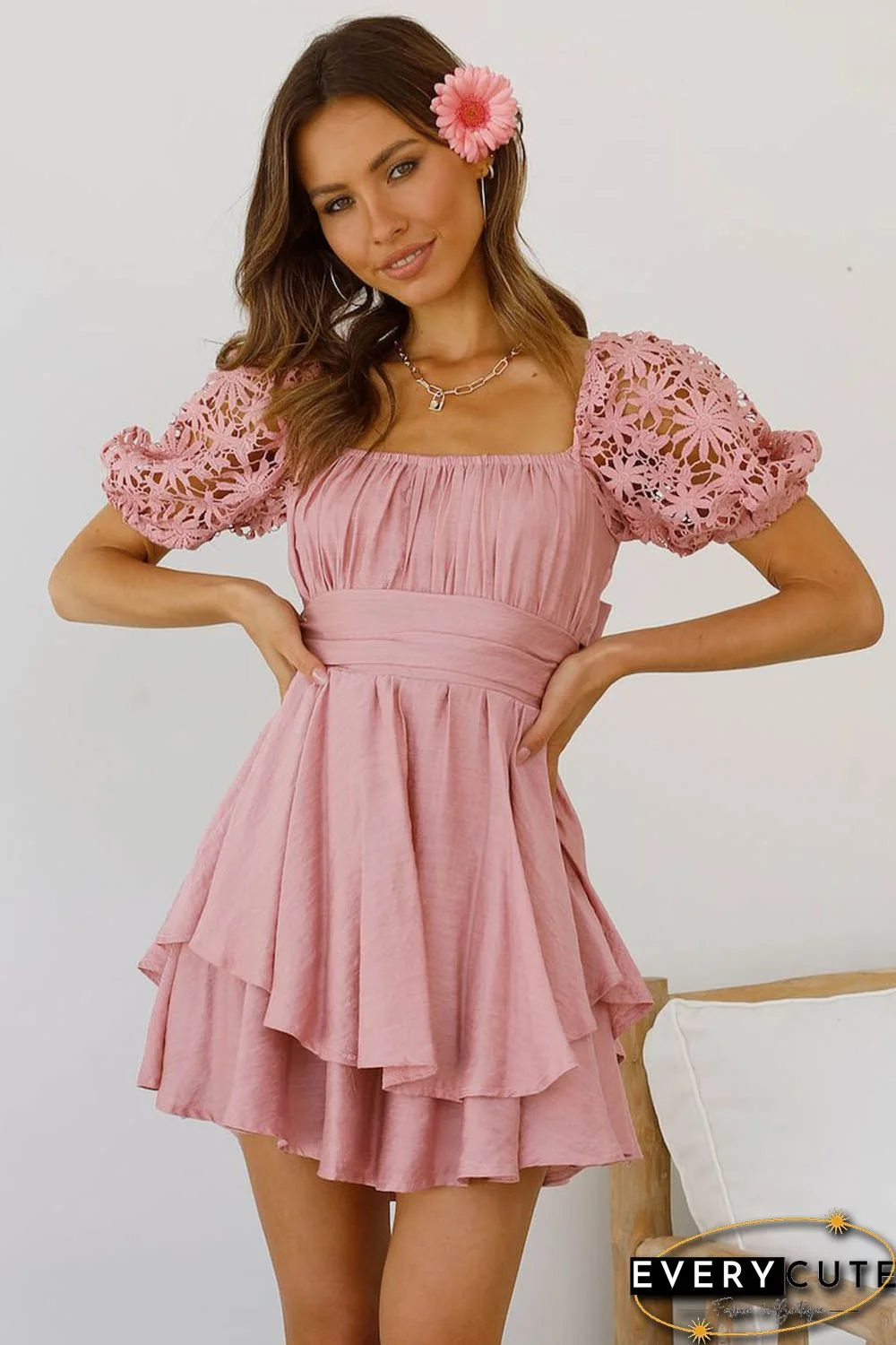 Pink Lace Sleeve Smocked High Waist Mini Dress