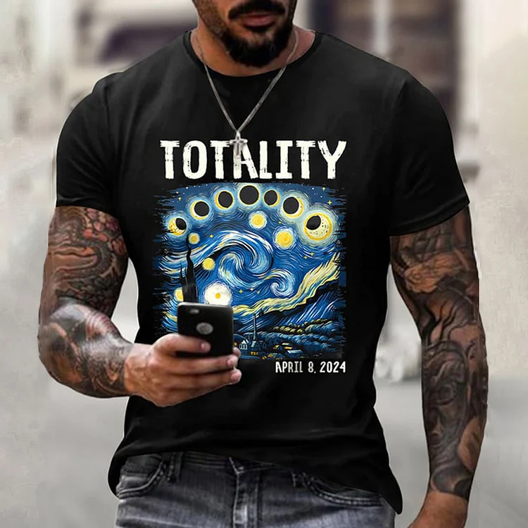 Comstylish Retro Starry Night & Totality Solar Eclipse Of April 8, 2024 Print T-Shirt