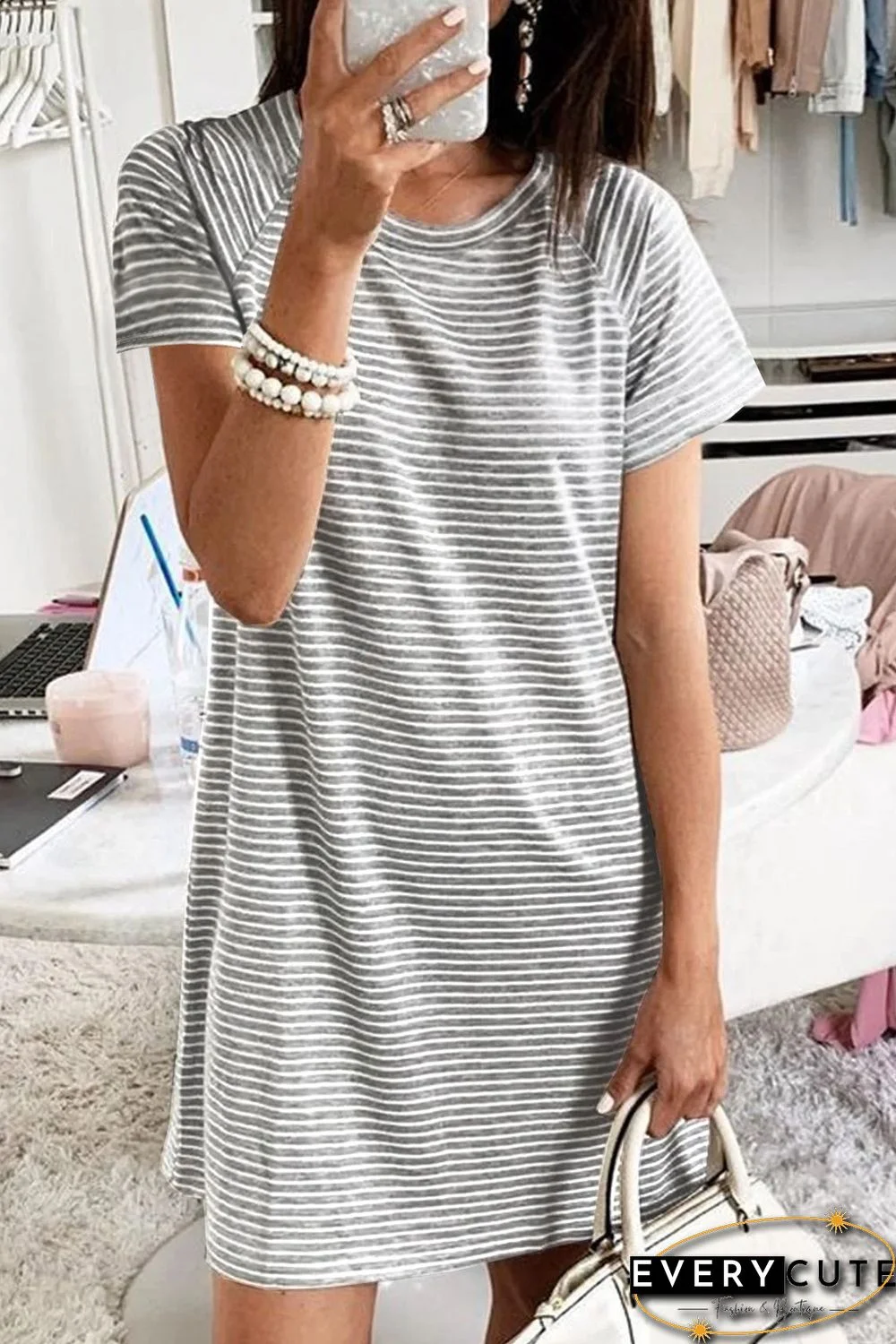 Gray Raglan Sleeve Striped Cotton-blend T-shirt Mini Dress