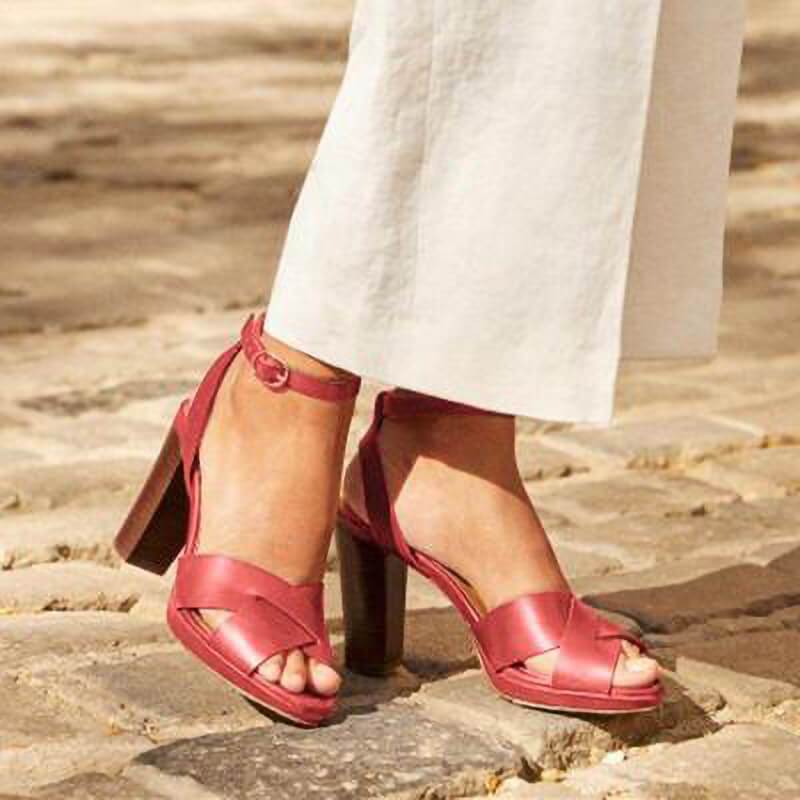 TAAFO Peep Toe Leather Buckle High Chunky Heel Sandals