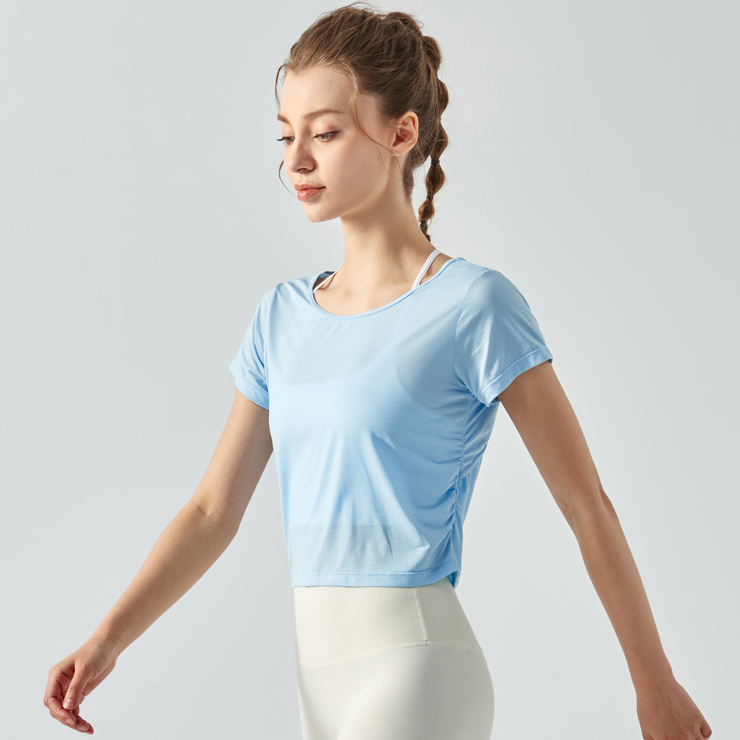 Hergymclothing Sky Blue pleated back hollow-out buttery oft cool sports running cropped t shirts online shopping 