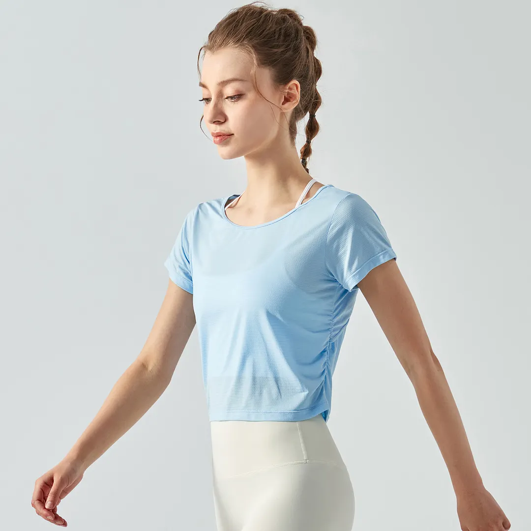 Hergymclothing Sky Blue pleated back hollow-out buttery oft cool sports running cropped t shirts online shopping 