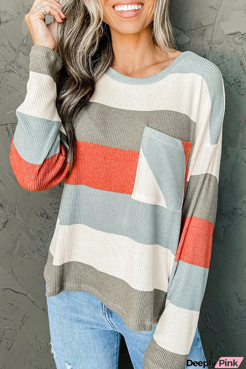 Red Striped Colorblock Ribbed Knit Top with Pocket