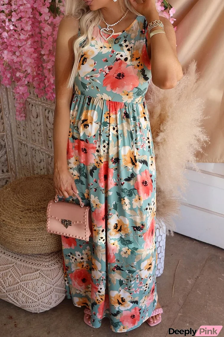 Boho Print Sleeveless High Waist Long Floral Dress