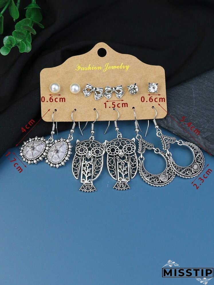6pairs Bow & Owl Decor Earrings