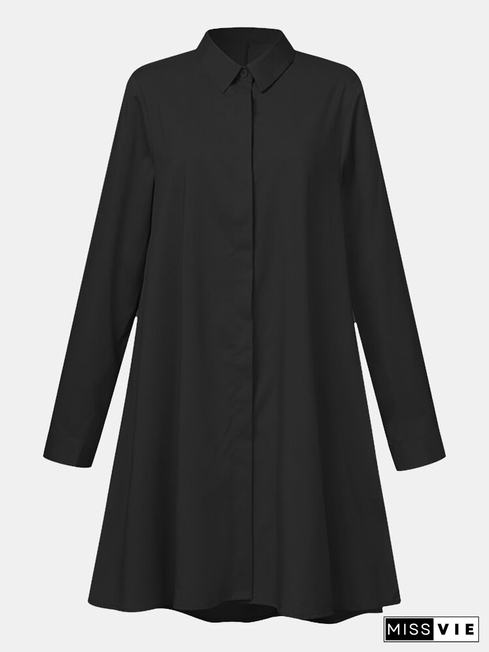 Women Solid Color Button Lapel Long Sleeve Casual Blouse