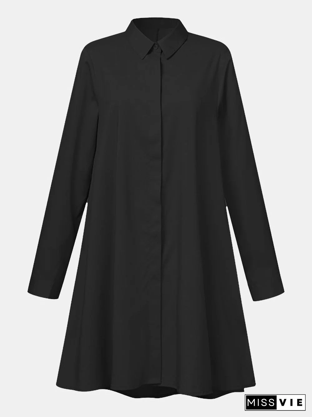 Women Solid Color Button Lapel Long Sleeve Casual Blouse